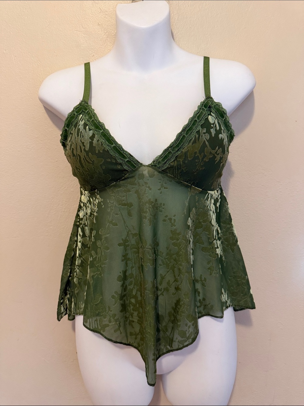 Olive Green Lace-Trim Babydoll Tank Top - Women's Blouse
